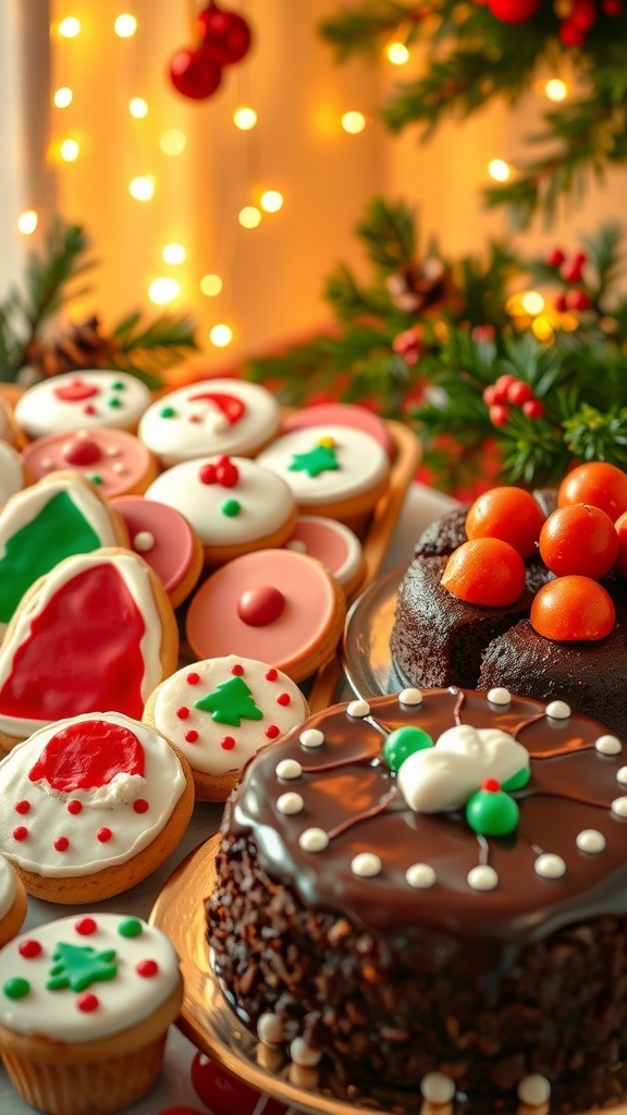 An assortment of Christmas desserts including cookies, cake, and festive decorations on a holiday-themed table.